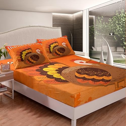 Miniatura 3 de Erosebridal Juego de sábanas de pavo de Acción de Gracias, tamaño King, ropa de cama de pavo de granja naranja quemado, juego de sábanas de pavo de