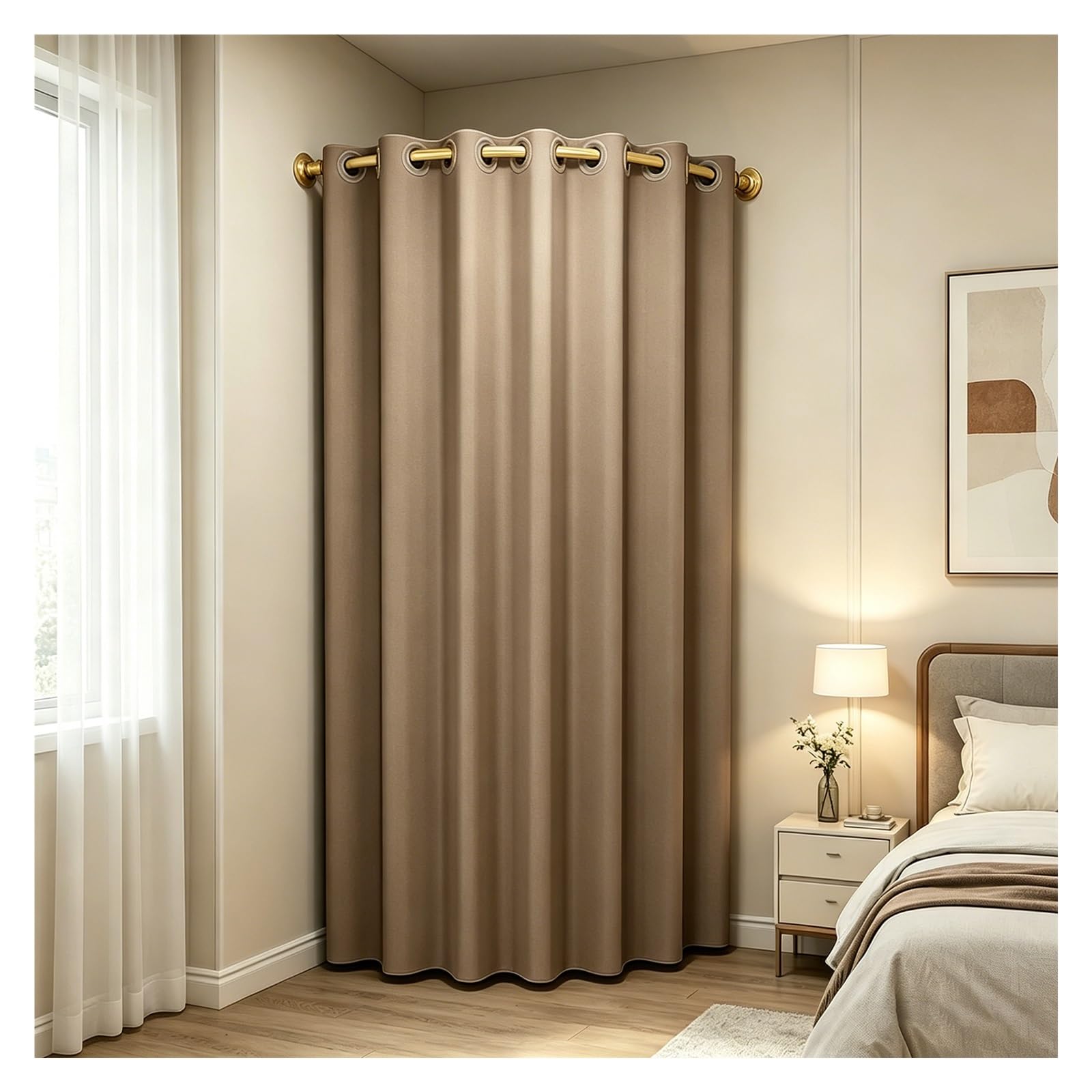 Cabine Essayage Rideau de Coin pour Chambre, Tringle à Rideau de Cabine d’Essayage en Forme de C, Cloison de Confidentialité Murale(with A Curtain,Gold Rod 100cm/39.4in)