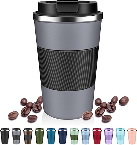 Miniatura 17 de Vasos de café aislados con tapa abatible de 12 oz / 17 onzas, taza de café de viaje de acero inoxidable a prueba de fugas, taza de café aislada al