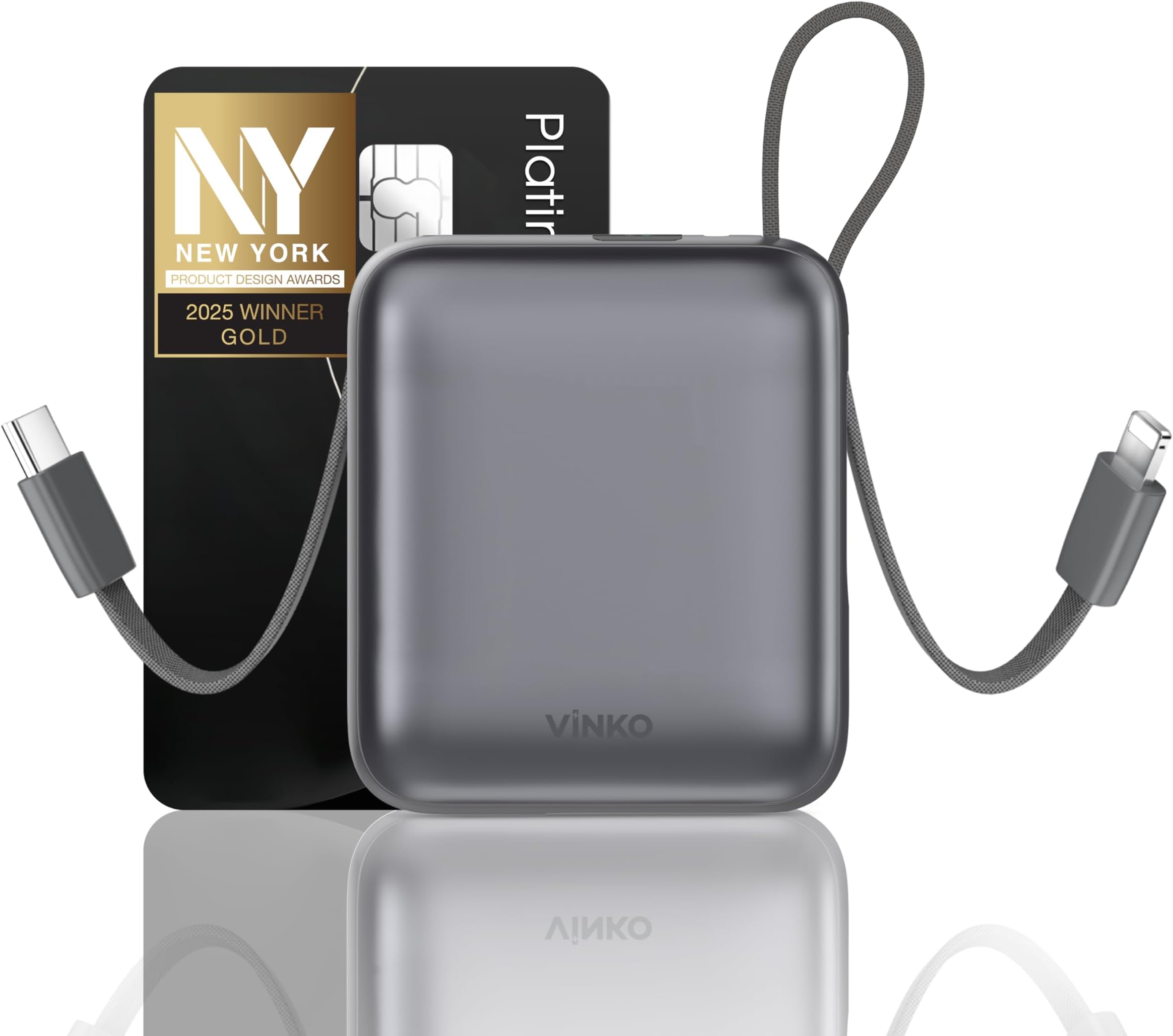 VINKO Small Portable Charger, 22.5W Fast Charging Mini Power Bank 10000mAh with Built-in Cables, Travel Essential USB-C Battery Pack Compatible with iPhone 17/16/15, Samsung S25/24, Android (Gray)