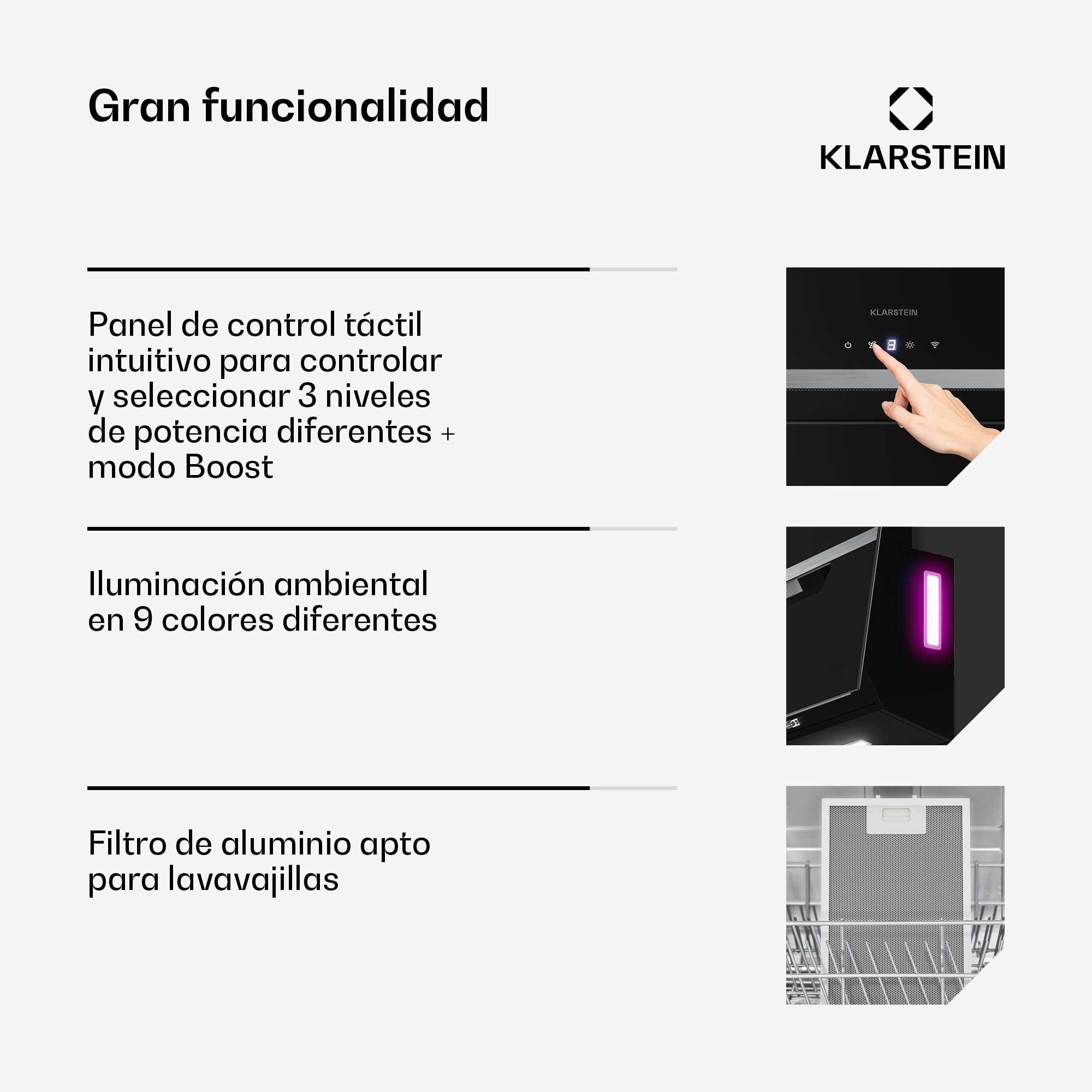 Klarstein BigBite Campana Extractora 90 cm - Angular, 417 m³/h, A+++, LED, 3 Velocidades & Turbo, Filtro Carbón, Táctil, Recirculación o Extracción, Campana Extractora Decorativa Cocina, Negro