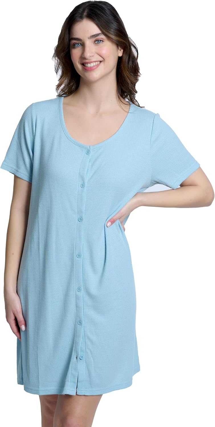 Mad Dog Women's Night Shirts - Soft Waffle Knit Womens Sleep Shirts, Short Sleeves Button-Up Pajamas Nightgowns Sleep Dress