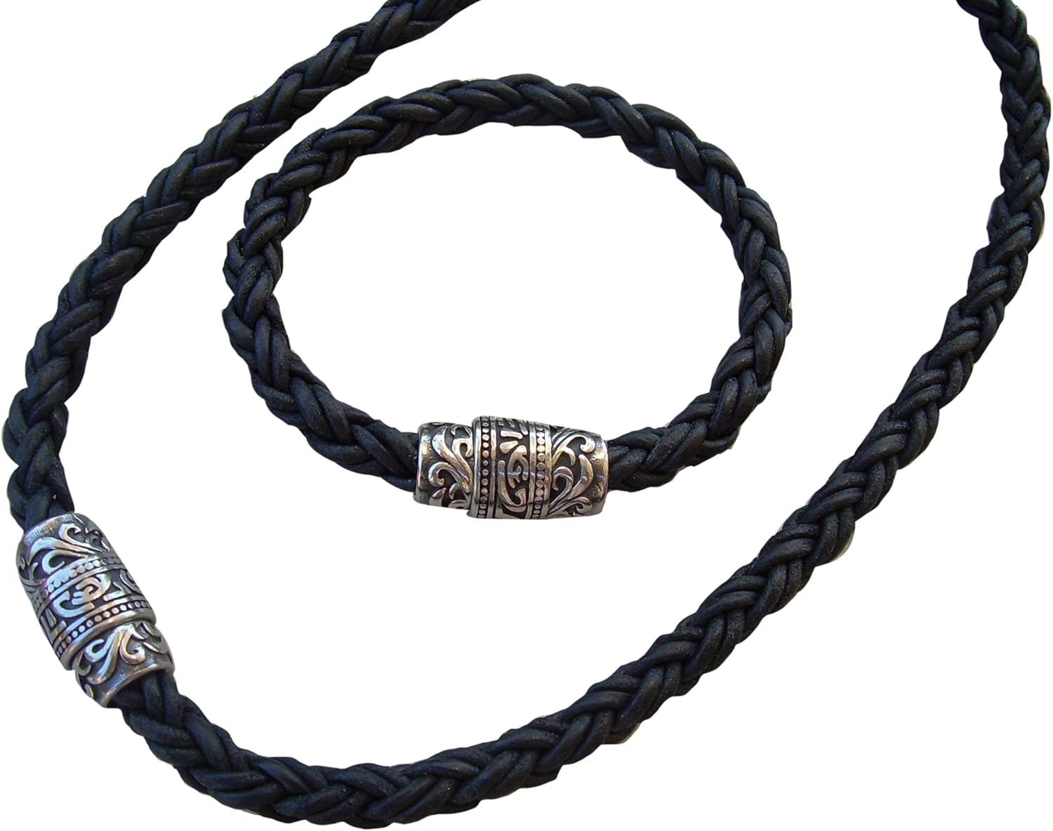 Handmade Black Thick Braided Leather Bracelet and Necklace Two Piece Set with Filigreed Stainless Steel Magnetic Clasp - Genuine Leather Necklace and Bracelet for Men