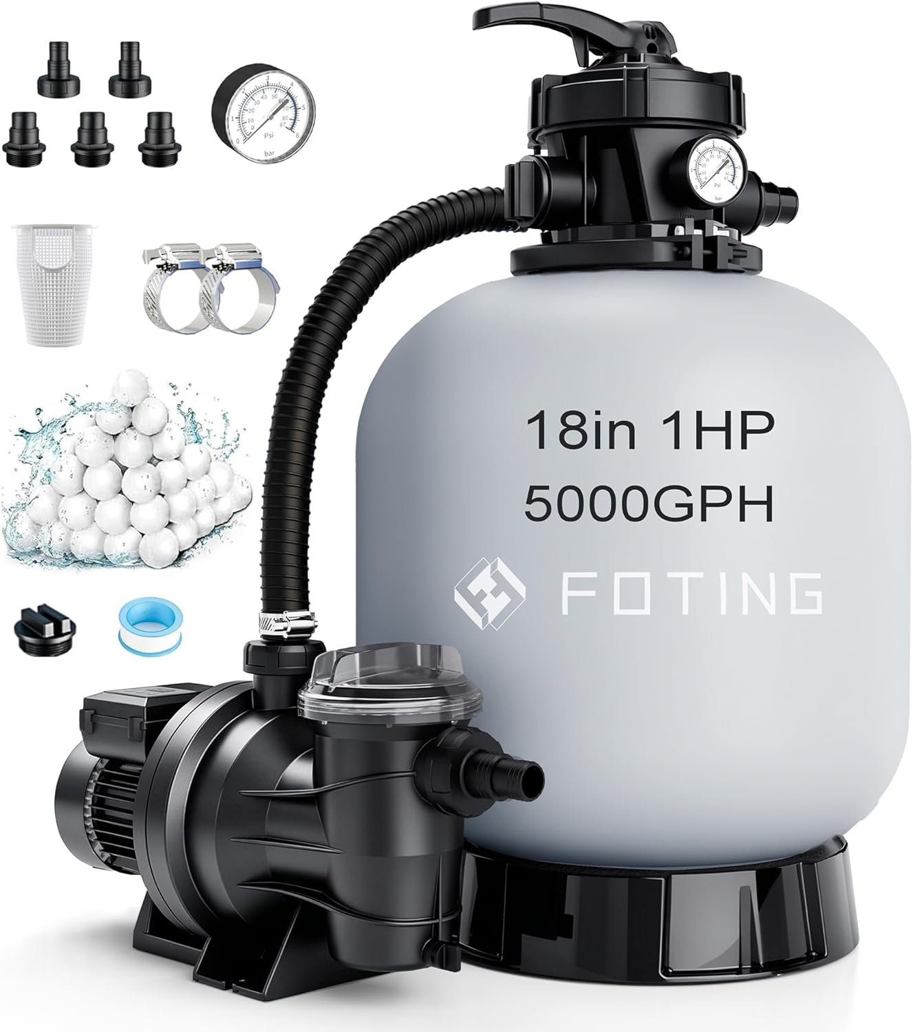 FOTING 2026 Upgraded Sand Filter Pump for Above Ground Pool with Timer, 7-Way Valve Pool Pumps Above Ground, Pool Sand Filter with Enhanced Circulation System, 18in Sand Filter, 1HP 5000GPH