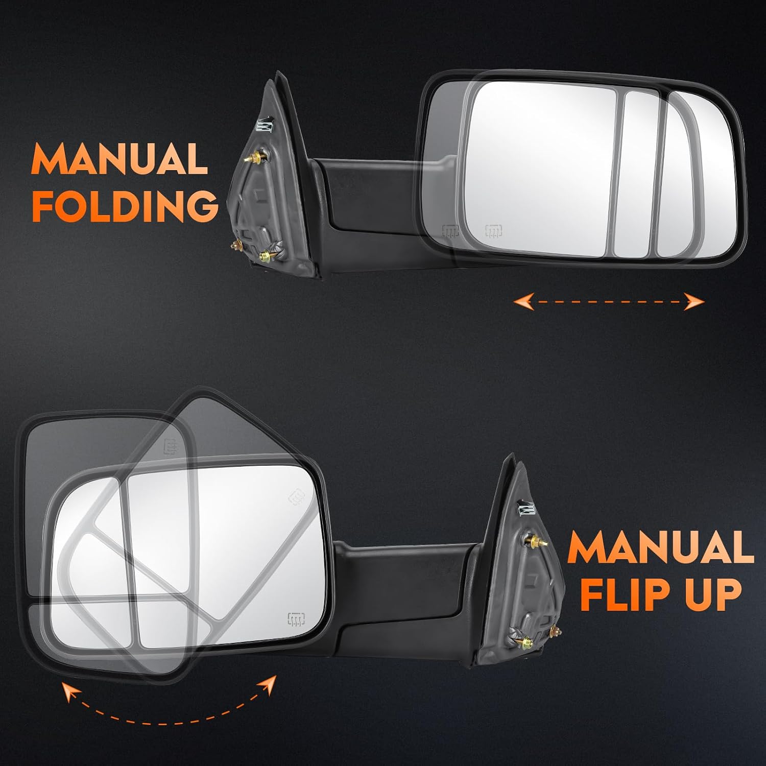 Youxmoto Towing Mirrors fit for 2009-2017 for Dodge Ram 1500; 2011-2017 Ram 2500/3500 Pickup Truck Mirrors, Heated, Manual Folding & Flip Up; Black