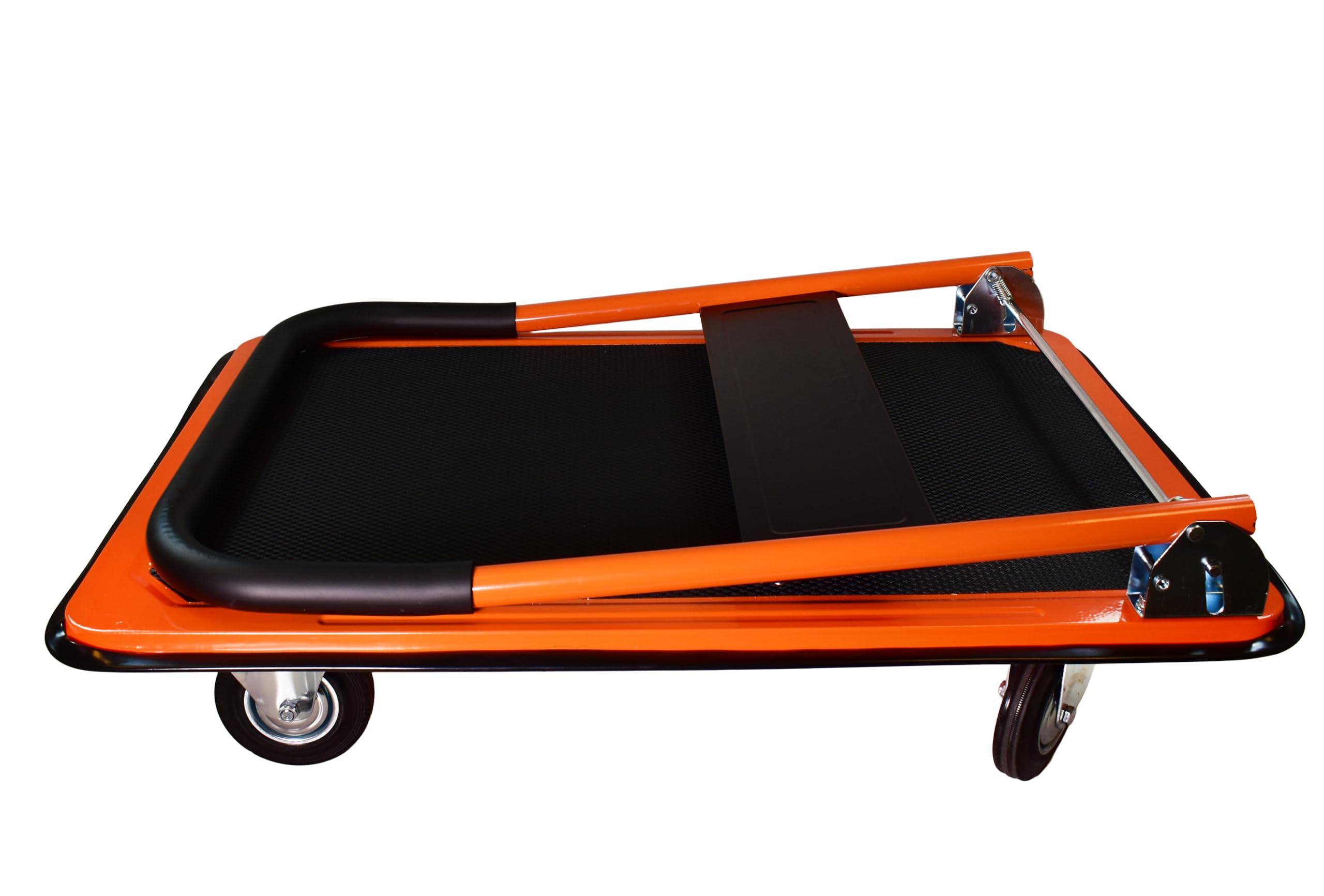 Plattformwagen klappbar bis 150 kg, Transportwagen für Lager, Werkstatt & Büro, Magazinwagen mit Rutschfester Oberfläche, gummierten Rädern & Stahlfelgen, 73 x 48 x 86 cm, Orange/Schwarz