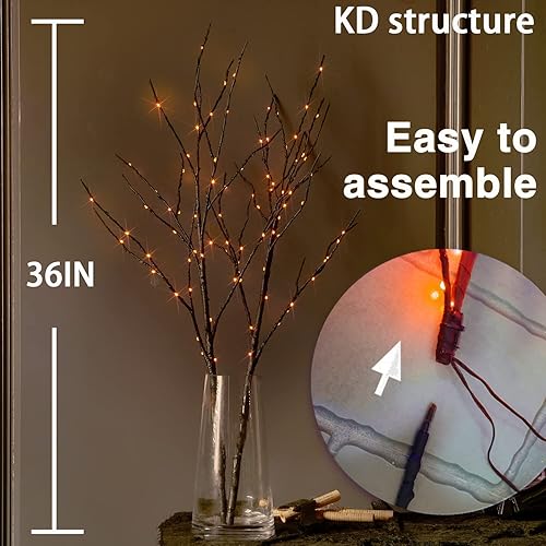 Miniatura 4 de Fudios Ramas iluminadas de Halloween con temporizador, 100 luces LED naranjas de 32 pulgadas, luces de rama de árbol negro, funcionan con pilas para