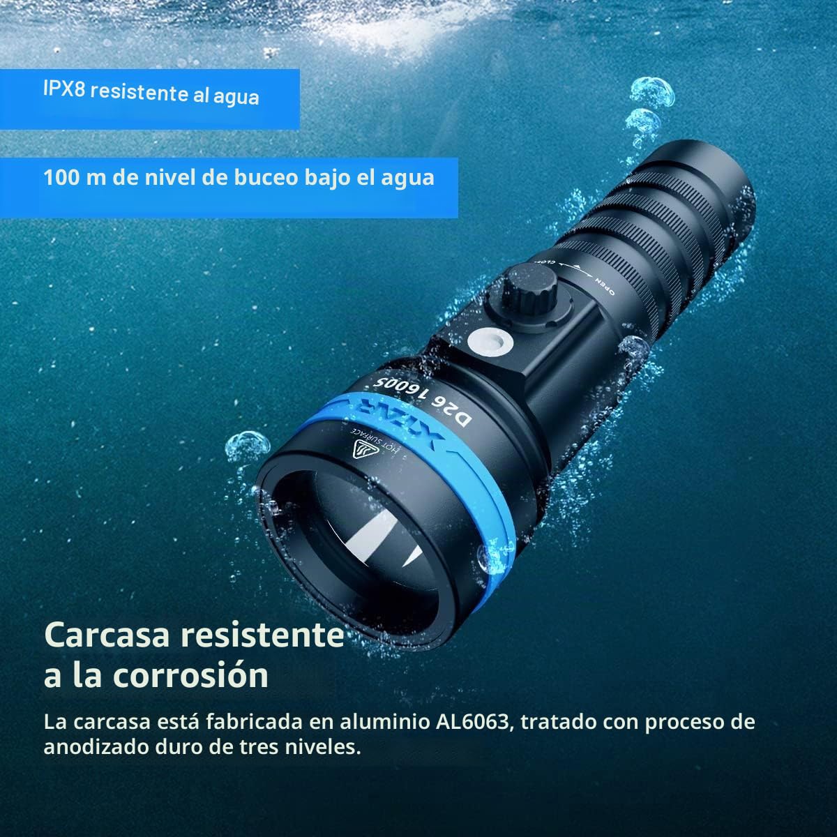 XTAR Linterna de buceo D26 1600S de 1600 lúmenes, luz de buceo, 4 modos IPX8, luces submarinas, para exploración al aire libre, deportes acuáticos (no incluye batería)