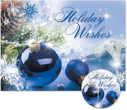 Colorful Images Blue Display Personalized Christmas Cards with Matching Envelope Seals - 24 Card Set, 5 x 7 Folded, Themed Holiday Card Value Pack