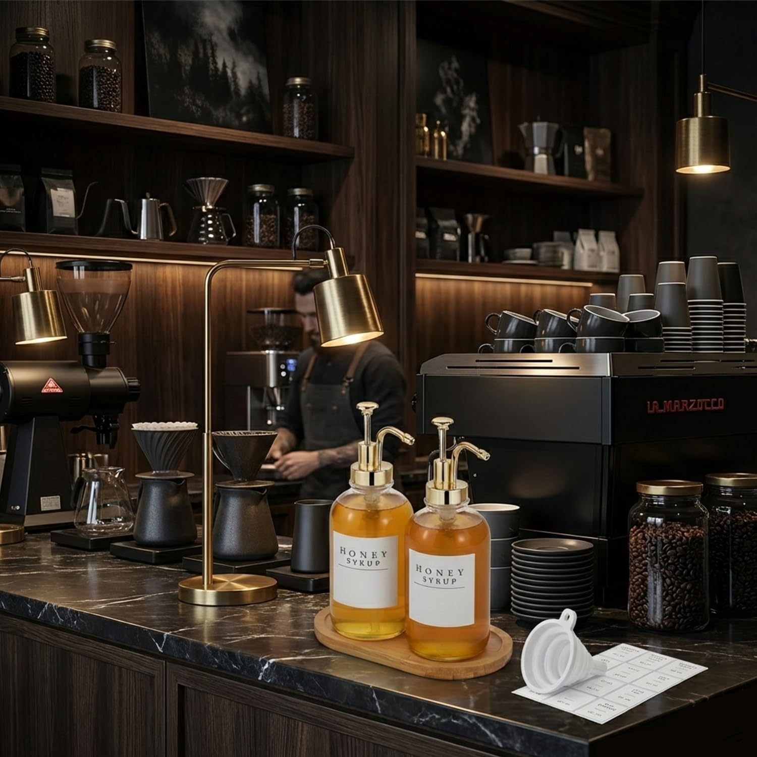 Set di 2 dispenser per sciroppi da caffè, con pompa dorata, con pompa, etichette, imbuto, pallet, 16,9 oz 500 ml, per caffè bar organizzazione