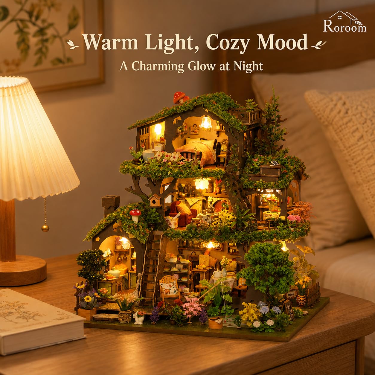 Roroom Miniatur Haus, Wald-Baumhaus Puppenhaus aus Holz | mit warmem LED-Licht und Musikbox, 3D Holzpuzzle Bastelset für Regal- und Zimmer Deko, kreatives Geschenk für Naturfans