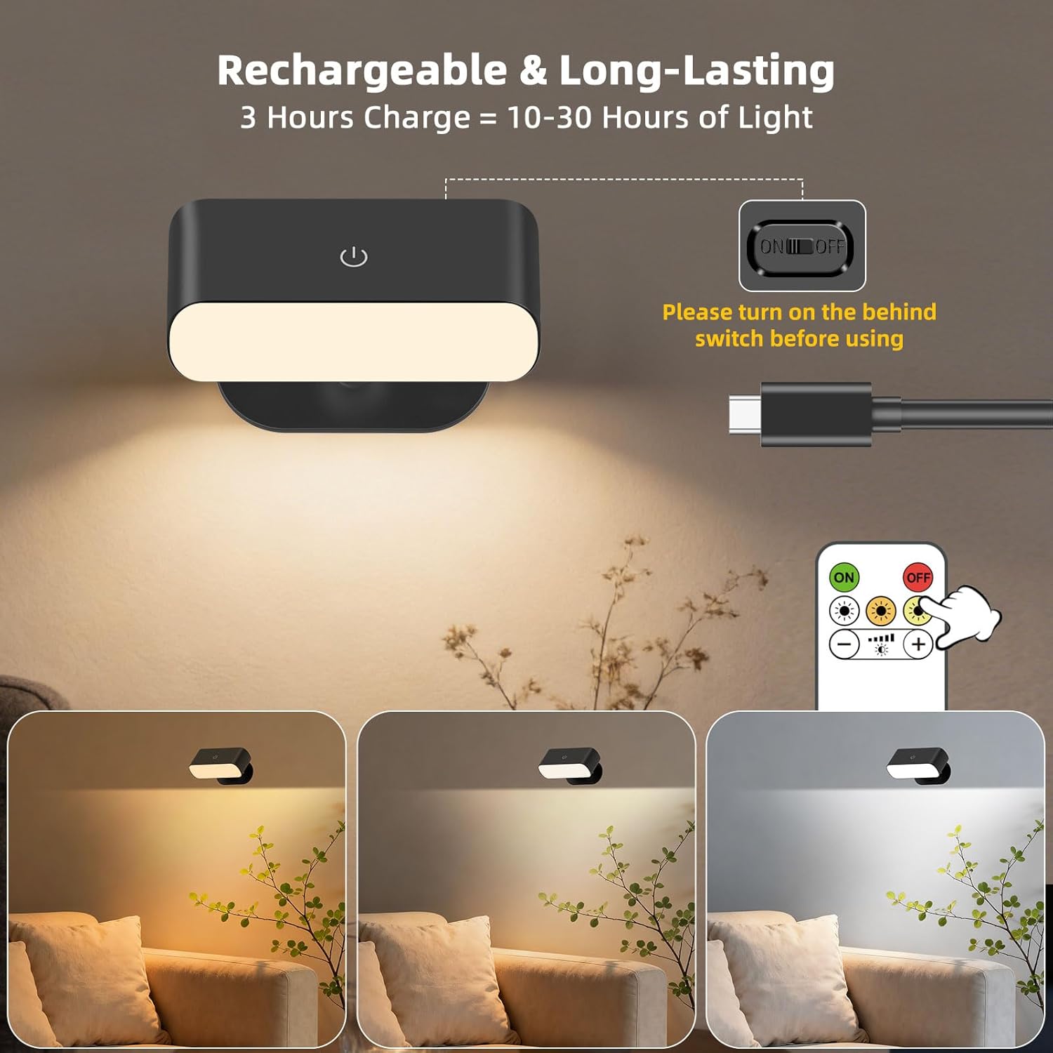 Rechargeable Wall Lights with Remote & Touch, 2 Pack Battery Operated Wall Sconce, Magnetic Stick-On, 3 Color Temperatures, Dimmable Cordless Wall Reading Lamp for Bedroom, Hallway, Picture
