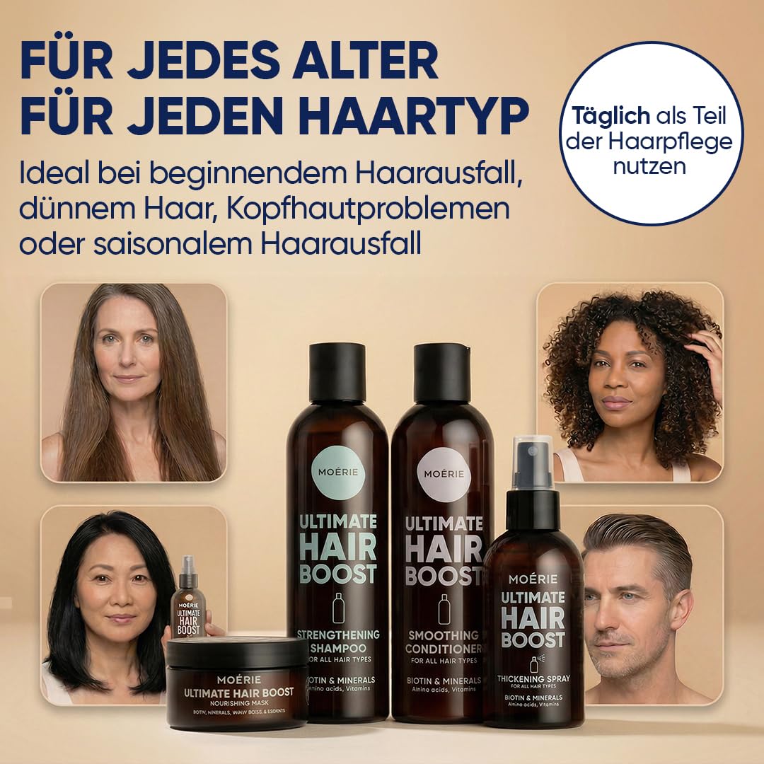 MOERIE Shampoo Set - gegen Haarausfall, Conditioner, Haarwachstum Serum & Haarmaske - natürlich Haarwachstum beschleunigen - Veganes Haarwuchsmittel Frauen & Männer - 77 Mineralien (4er-Set)