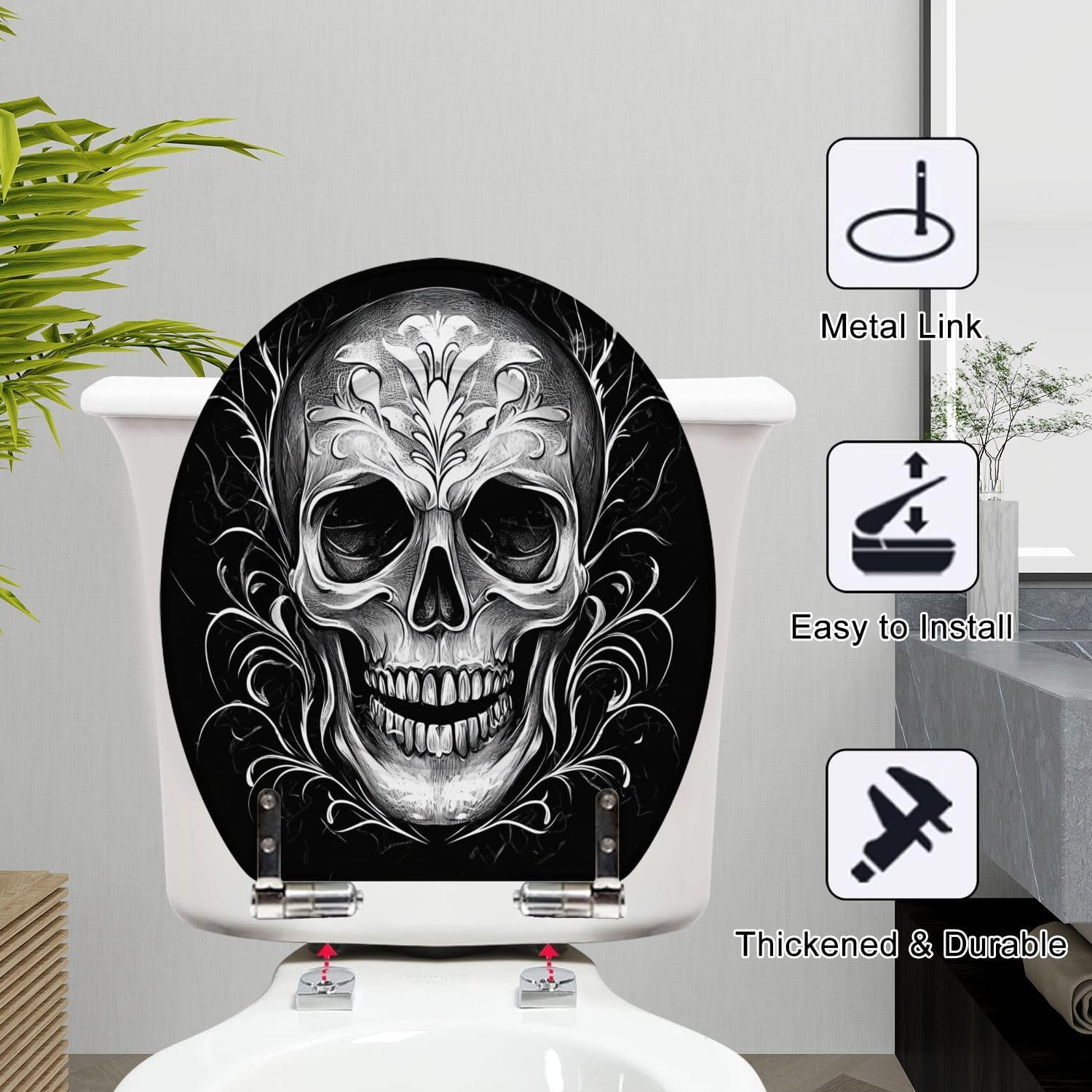 Round Toilet Seat skull head portrays strikingly intricate human skull often used as Resin Toilet Seat Slow Quiet Close with Quick-Release Hinges Toilet Seat with Cover Easy to Clean Install