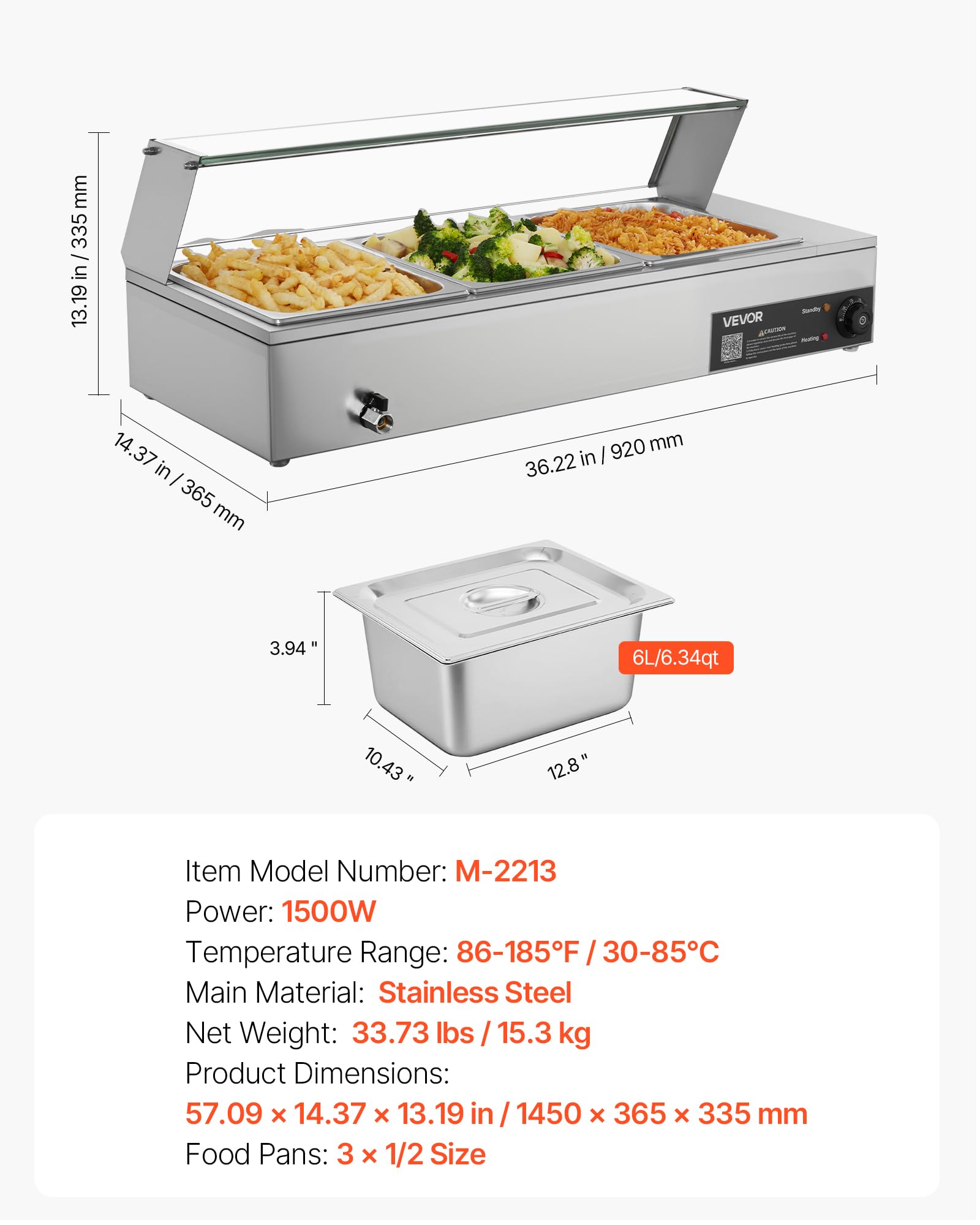 VEVOR Scaldavivande Commerciale con Coperchio in Vetro e 3 Contenitori Scaldavivande da 1500 W in Acciaio Inossidabile, Contenitori per Buffet, per Alimenti a Bagnomaria per Ristoranti, Feste
