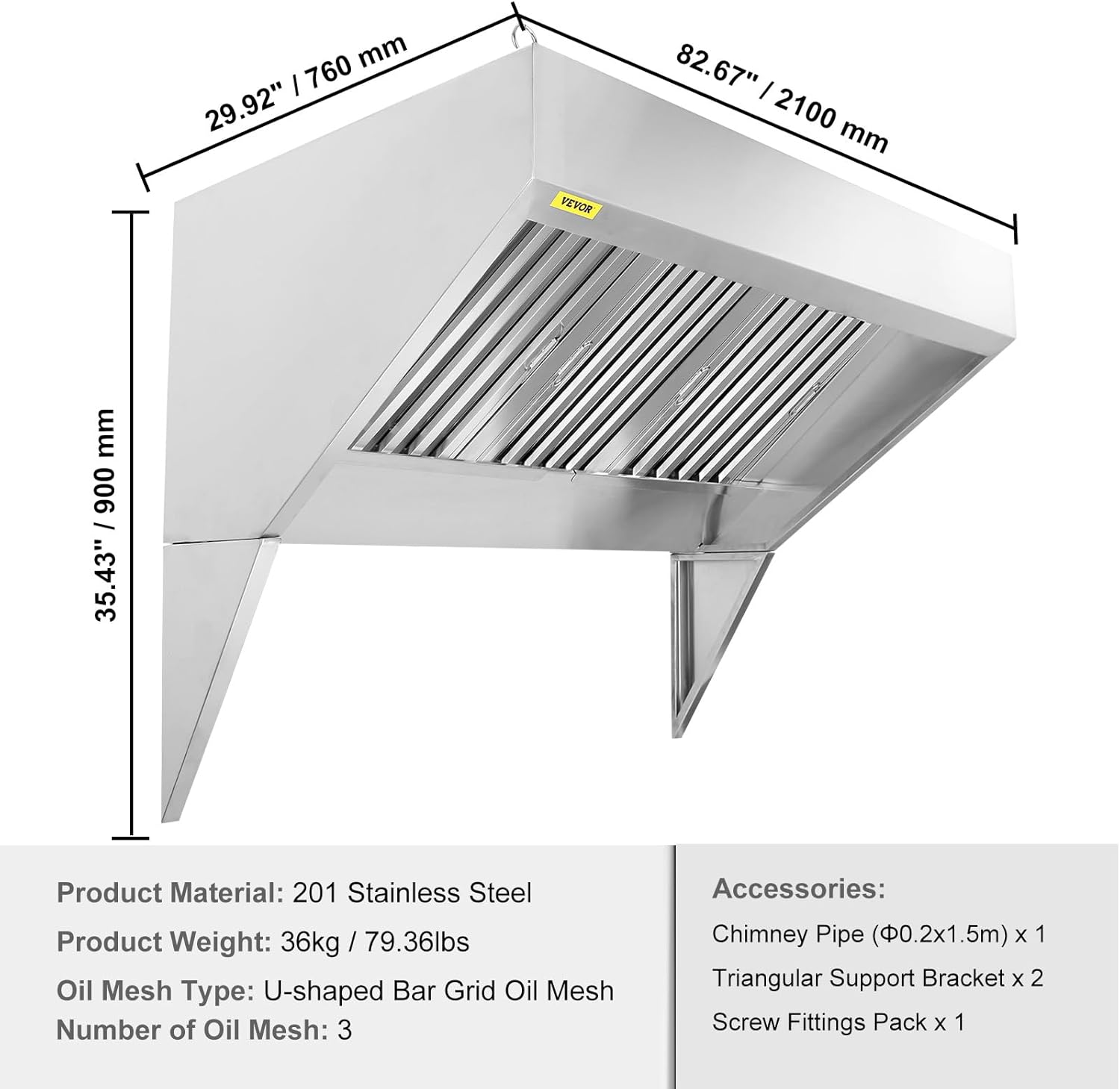 VEVOR 7FT Stainless Steel Commercial Exhaust Hood with Removable Oil Filters