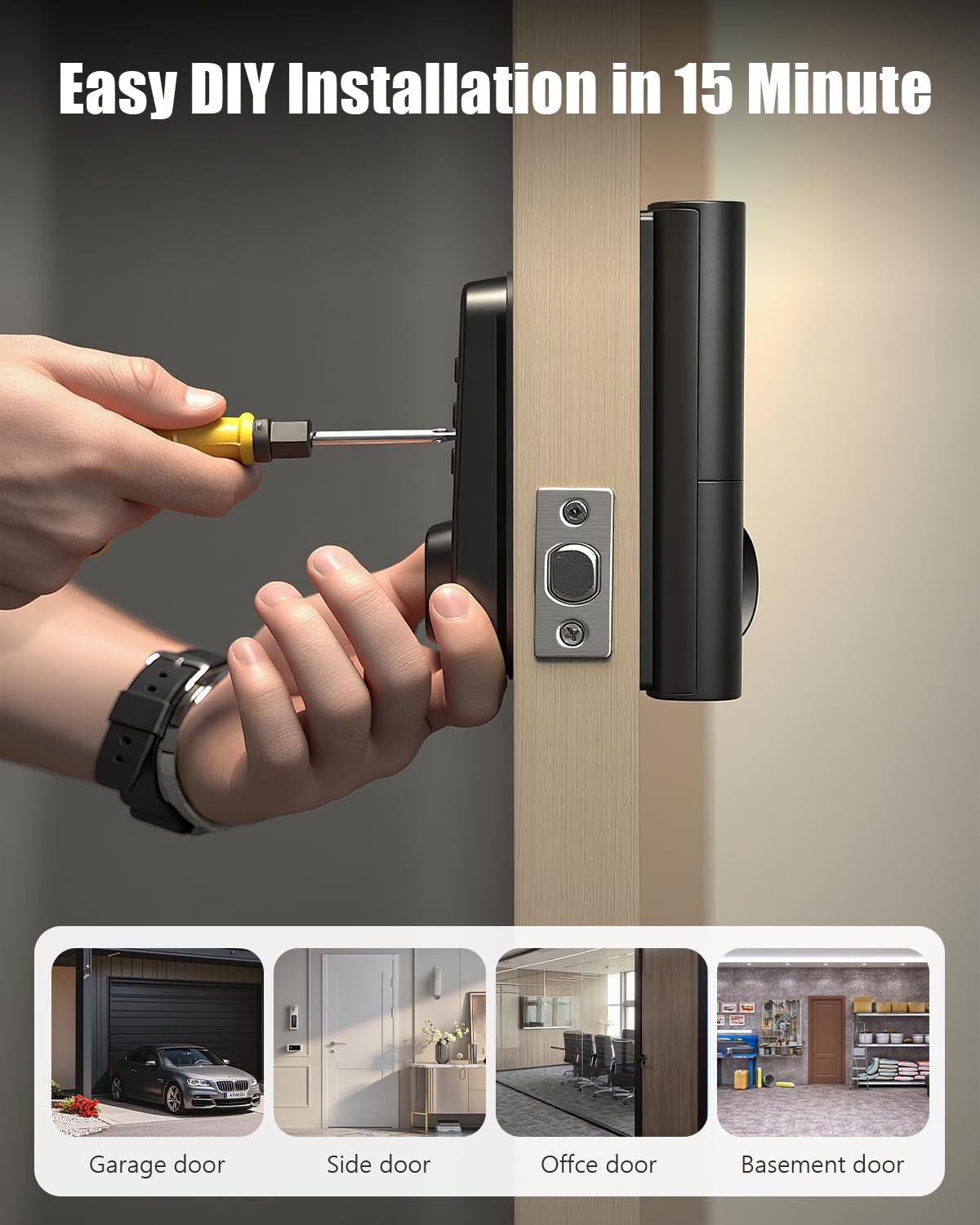 YHV Cerradura inteligente, cerradura de puerta con huella dactilar sin llave con asa, Wi-Fi integrado, control remoto a través de la aplicación