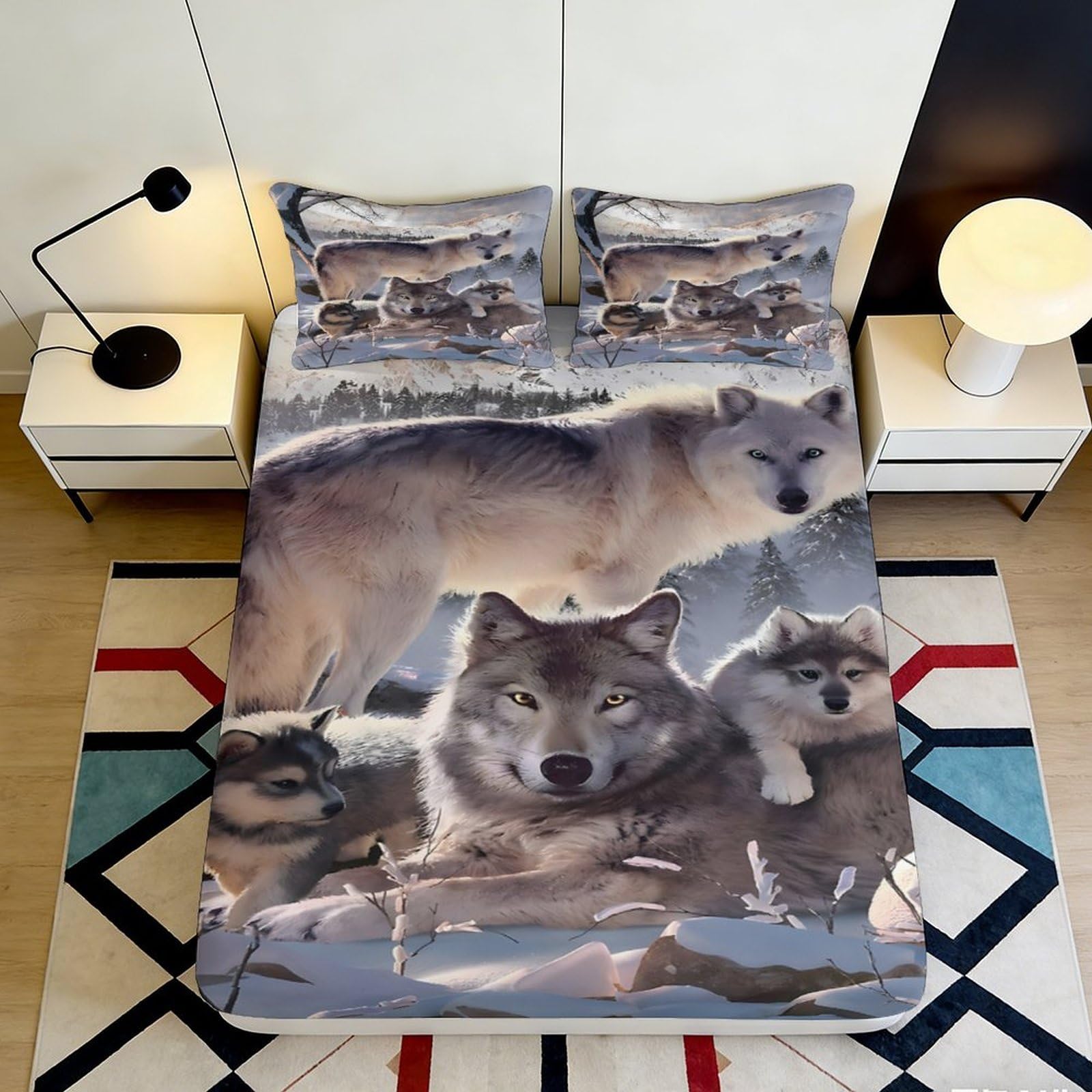 3D Printed Wolf Forest Fitted Sheet Microfiber Soft Breathable Wild Animal Mattress Cover for Bedroom Dorm Decor 90x200x25cm