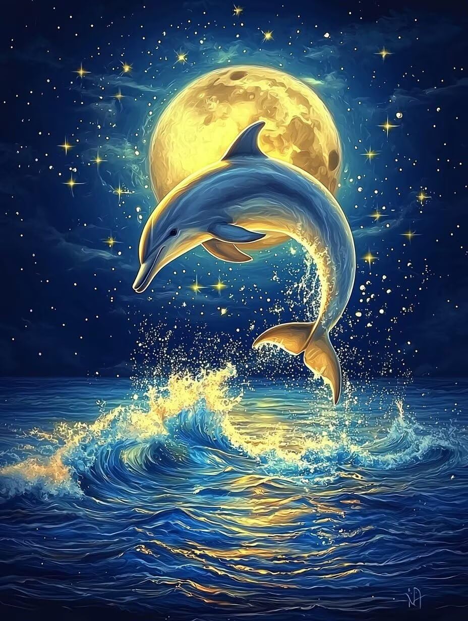 Hyupuanj Zestaw do malowania diamentowego 5D DIY Dolphin Moon, 91 x 122 cm