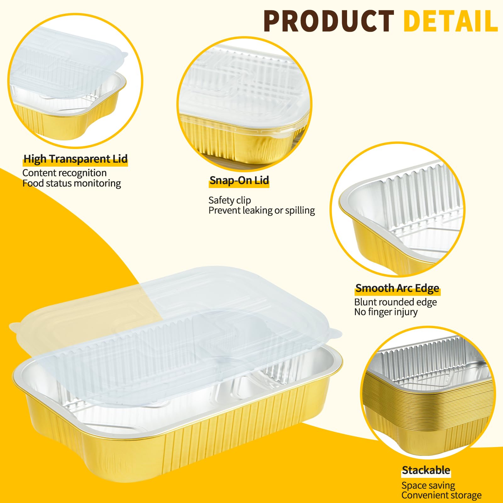 Paquete de 30 sartenes de aluminio de 9 x 13 pulgadas con tapas, tamaño medio, extra resistentes, de papel de aluminio dorado, contenedor de alimentos de doble grosor con tapas para hornear, asar,