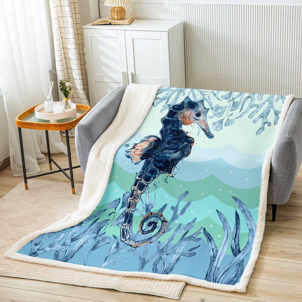 Loussiesd Seahorse Sherpa Blanket Ocean Creature Fleece Throw Blanket for Bed Sofa Sea Underwater World Plush Blanket Ultra Soft Marine life Sealife Blue Warm Fuzzy Blanket Double 60x79 Inch