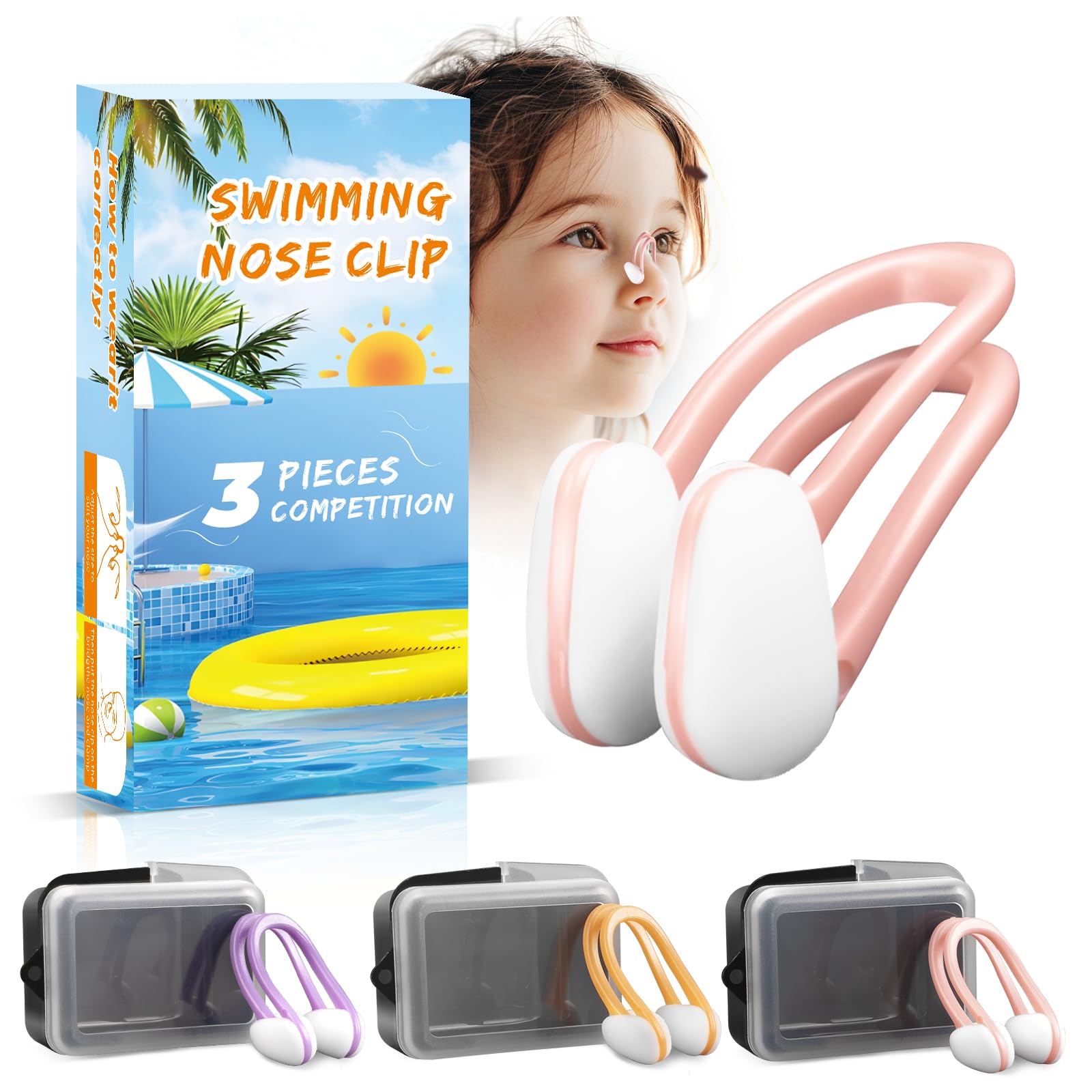 LFHMELE Swimming Nose Clip - 3 Packs Silicone Waterproof Swim Nose Plugs for Kids Age 7+ (Pink, Orange & Purple)