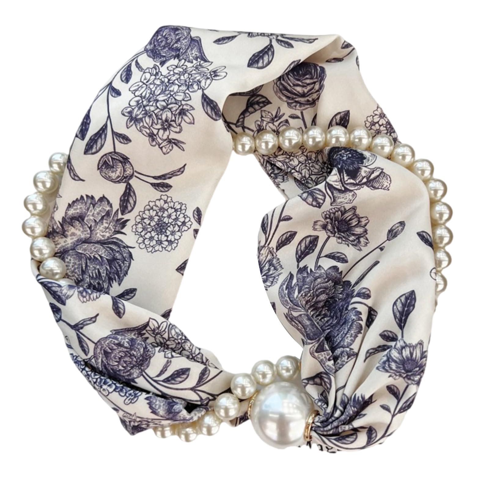 Thoanby Women's As The Picture Show Scarf,Magnetic Clasp Pearls Chain Necklace Floral Satins Scarf Elegant Silk Skinny Narrow Neckerchief For Fashionable