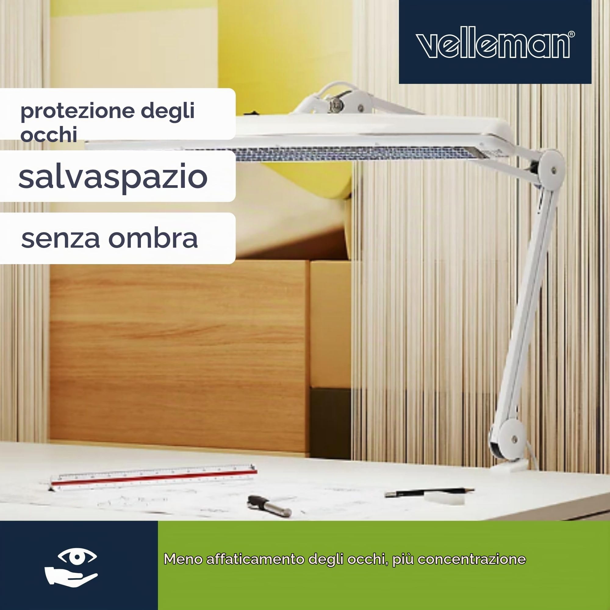 Velleman Lampada da scrivania con morsetto, lampada da lavoro TL 3x 14 W, 2700 lm, luce diurna 6500 K, paralume largo 60 cm, bianca per ufficio, hobby, manicure, cucito e lavori di precisione