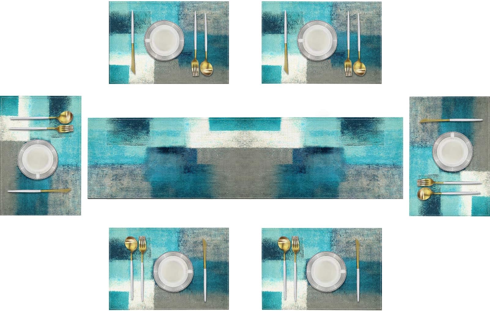 Emvency Farmhouse Table Runner and Placemats Set of 6, Cotton-Linen Abstract Teal and Grey Painting Art Dining Table Decor for Daily Use(1 Table Runner 72inches Long and 6 Placemats)