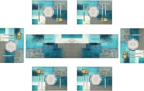 Miniatura 1 de Emvency Juego de 6 caminos de mesa y manteles individuales de granja, lino y algodón, pintura abstracta verde azulado y gris, decoración de mesa de