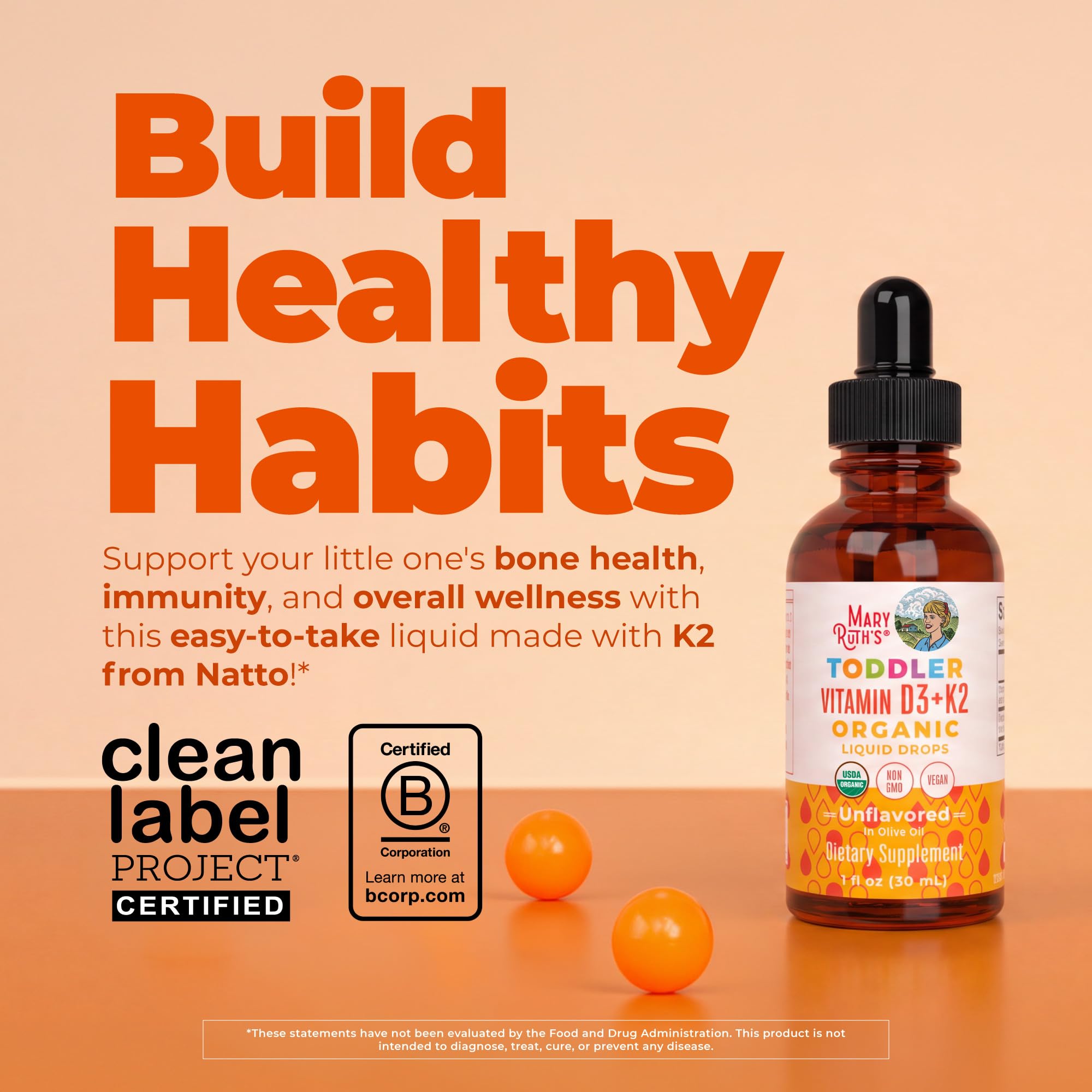 MARYRUTH'S Organic Toddler Vitamin D3+K2 Liquid Drops, Unflavored, 1 fl oz — Amazon image 2