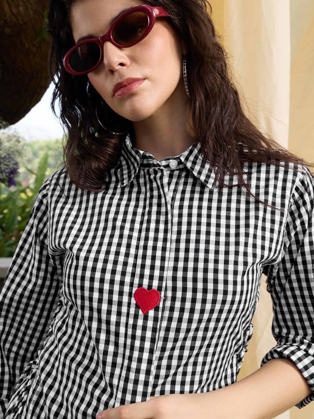 The Souled Store Camicia scozzese: donne e ragazze maniche lunghe colletto spalmato cotone a quadretti ricamato vestibilità regolare vita laterale regolabile abiti legati