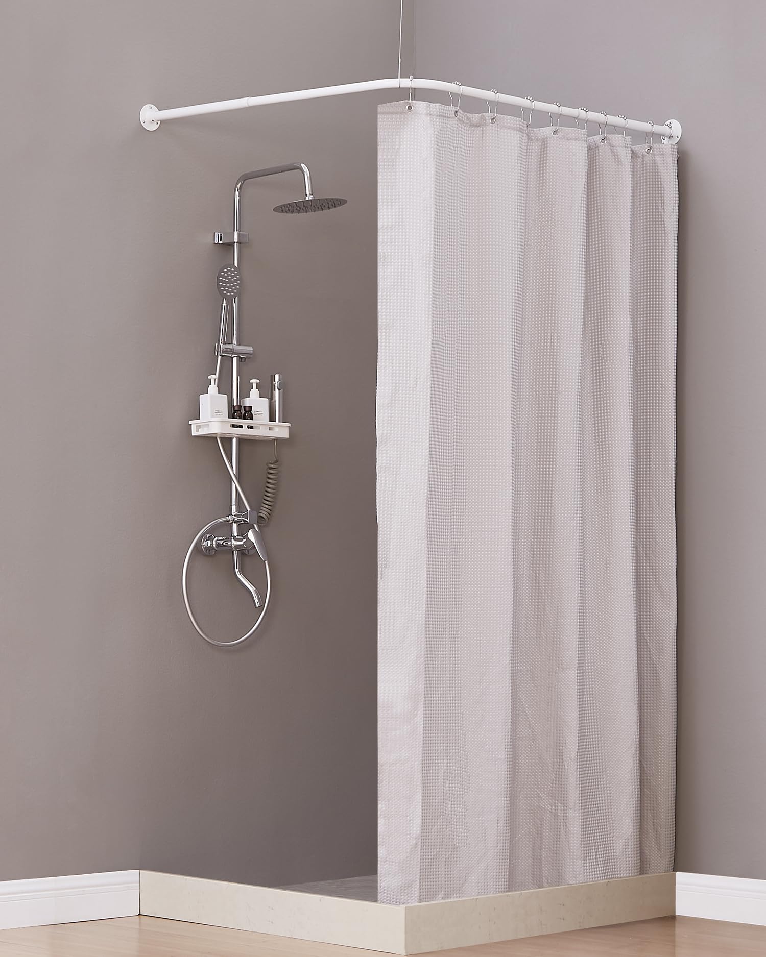 Barra Cortina Ducha Esquinera en Forma de L de [61 - 94 cm] X [61 - 94 cm], Acero Inoxidable sin Flacidez, Barra de Cortina Curvada Ajustable de 90 Grados Para Baño - Blanco