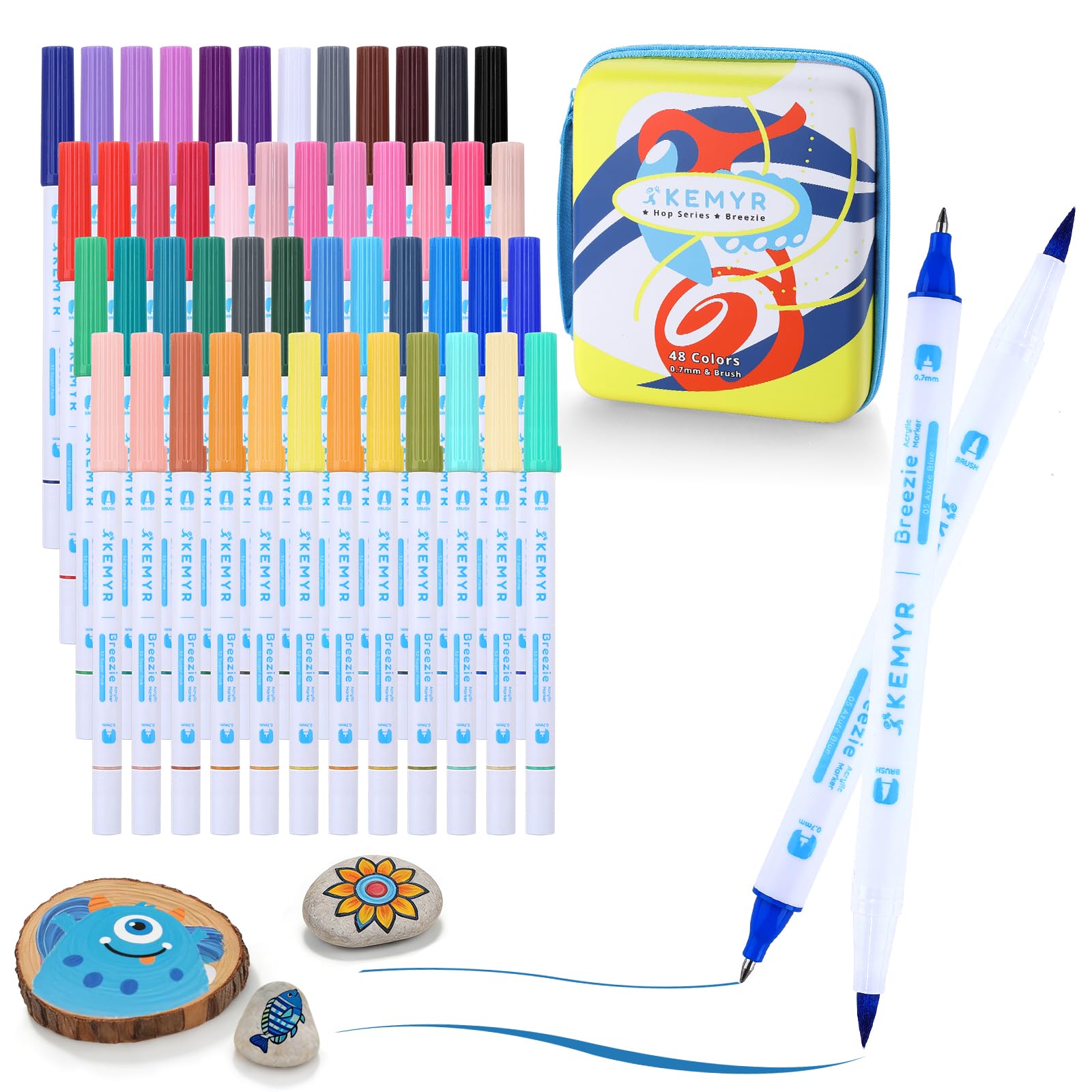 KEMYR Acrylstifte 48 Farben,1-5mm Pinsel Acrylmarker&0,7mm Acryl Gelstifte | Doppelspitze Acrylstifte wasserfest für Stein, Holz, Glas & schwarzes Papier, ideal zum Malen,Journaling&DIY Crafts