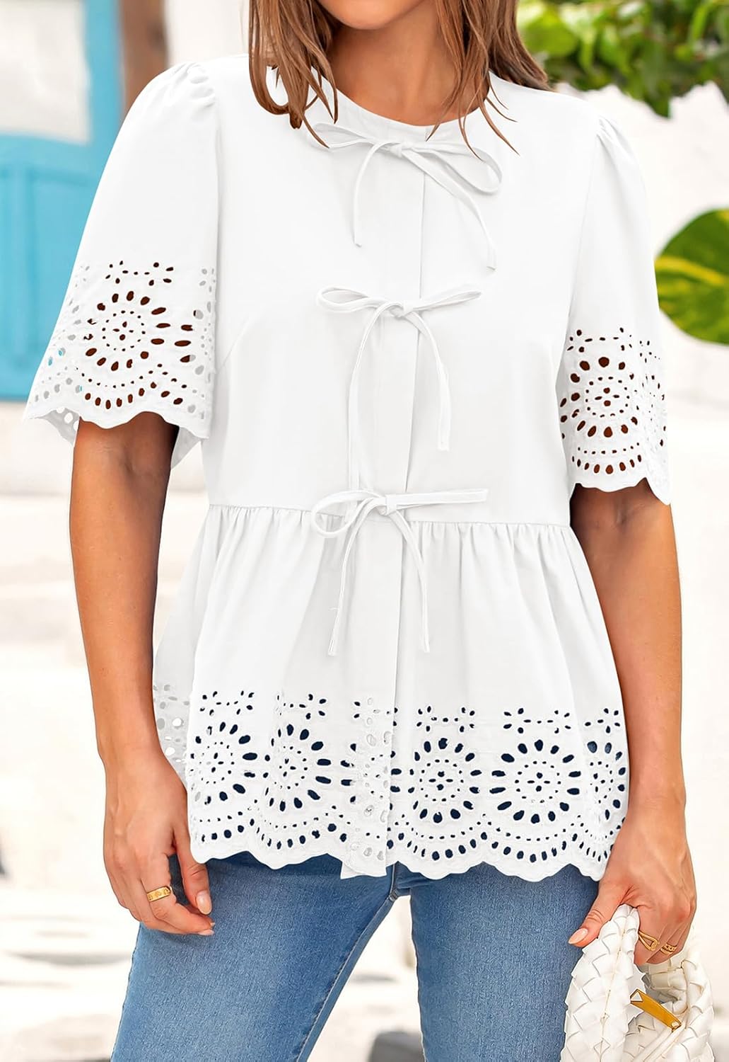 PRETTYGARDEN Tie Front Peplum Tops for Women Summer Y2K Short Sleeve Babydoll Cute Going Out Top Eyelet Blouse Shirt - Image 8