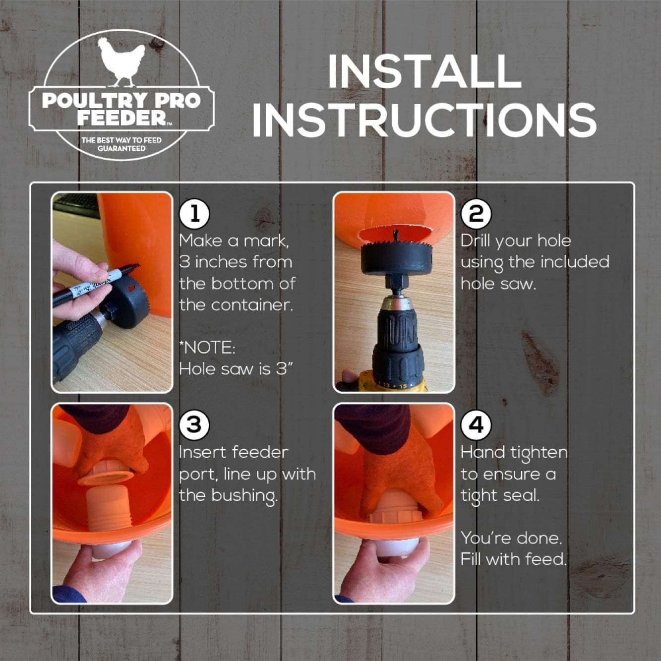DIY Port PVC Gravity Fed Chicken Feeder 5 Ports and Hole Saw | Use for Buckets, Barrels, Bins, Troughs | Rain Proof, Weather Resistant, No Waste Chicken Feeders