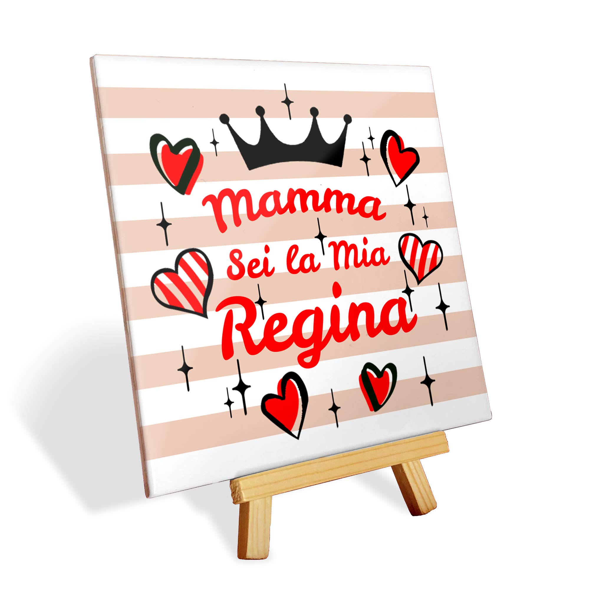 Mattonella In Ceramica 15x15 Cm Con Cavalletto Legno 'Ricetta Della Mamma' - Idea Regalo Per Festa Della Mamma E Compleanno