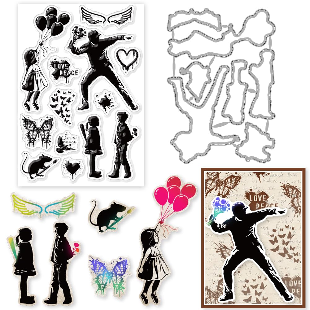 INFUNLY 2pcs Balloon Flowers Stamp and Dies for Card Making Banksy Street Art Clear Stamps Love Peace Clear Rubber Stamps Frame Die Cuts for DIY Scrapbooking Embossing Album Decoration