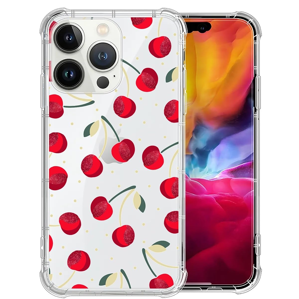 FKBRCL4U for iPhone 15 Pro Max Case, Clear with Cute Red Cherry Floral Pattern Graphic for Girl Women Soft Silicone Shock Protection for iPhone 15 Pro