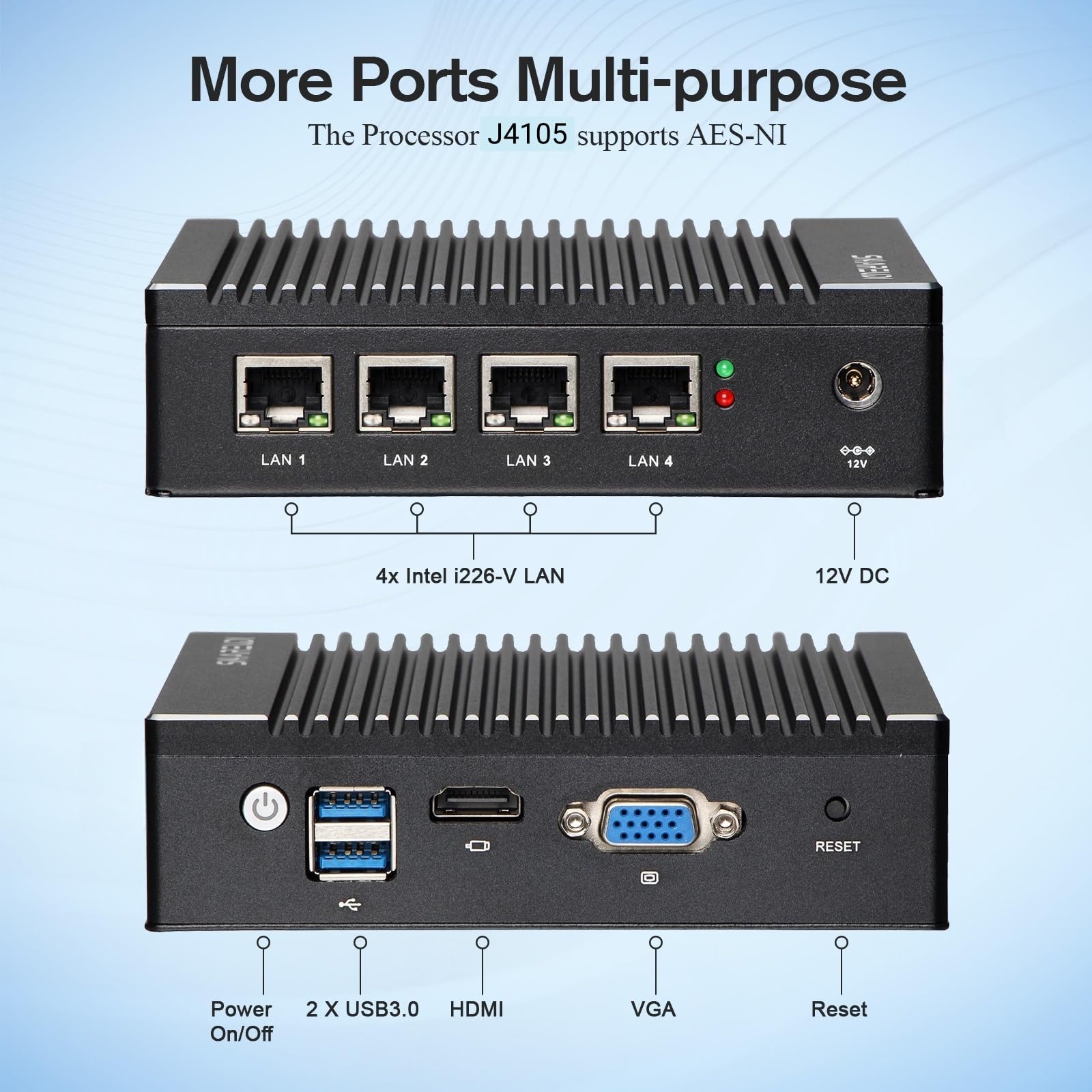 Mini PC firewall senza ventola con processore Intel J4105, 4 porte LAN Intel 2,5 GbE i226-V, gateway di rete AES-NI (senza RAM DDR4, senza SSD mSATA, senza sistema)