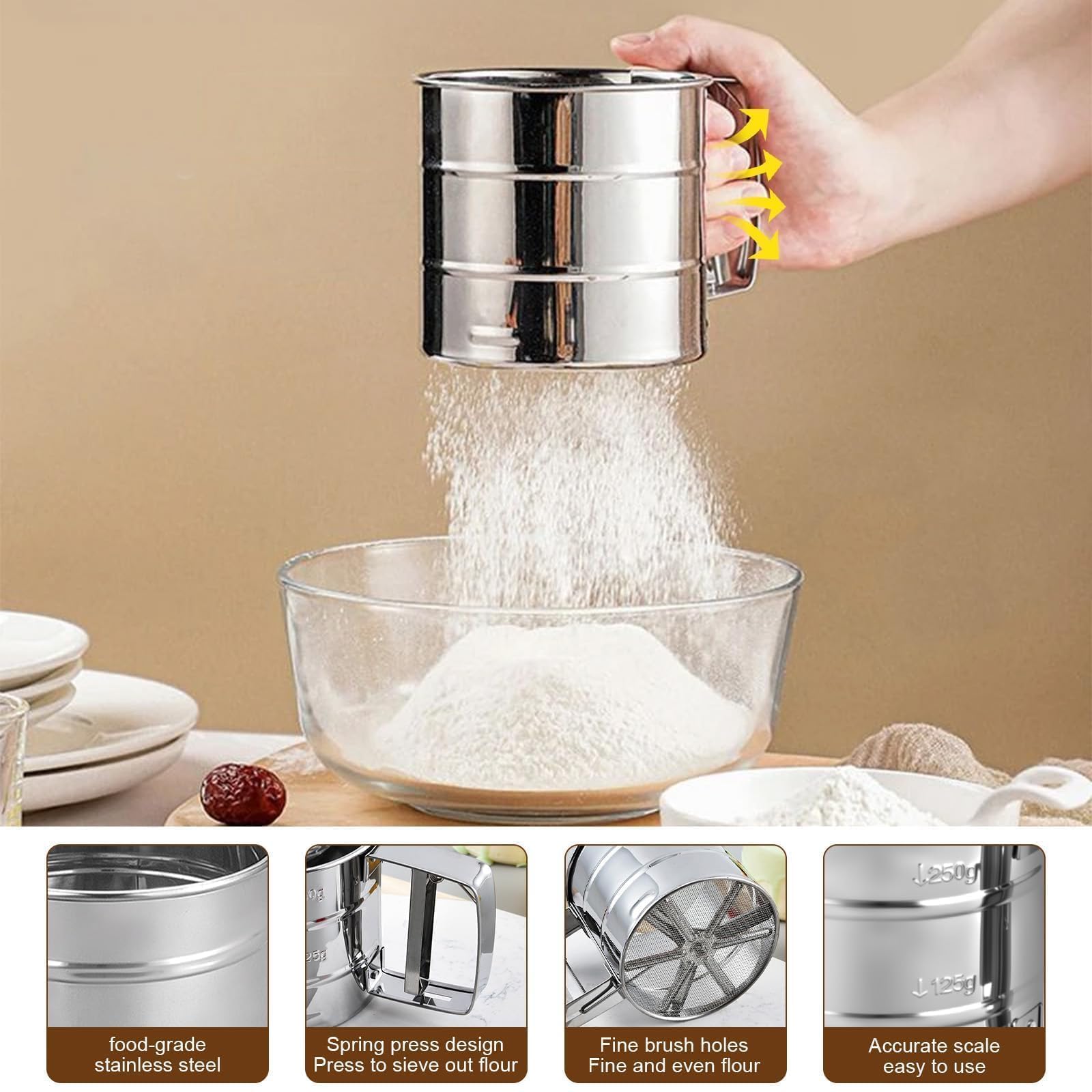 Set di 5 Setaccio Farina in Acciaio Inox Spargi Zucchero a Velo a Una Mano Colino Cucina con Coperchio Setaccio per Farina con 16 Coffee Stencils per Cacao, Spezie, Cioccolato, Zucchero
