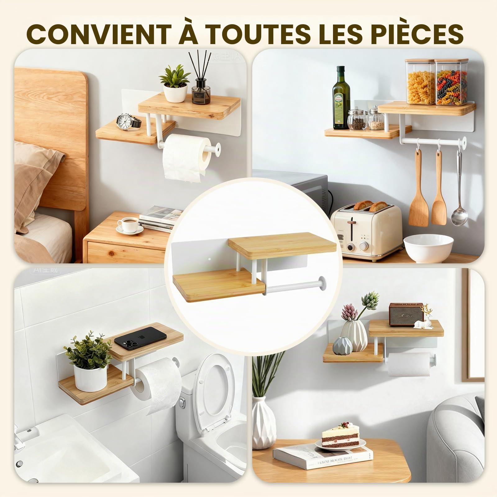 Porte-Rouleau de Papier Toilette en Bambou avec étagère | Adhésif ou à Visser | Blanc pour Salle de Bain, Cuisine & Toilettes | 30×12×8 cm
