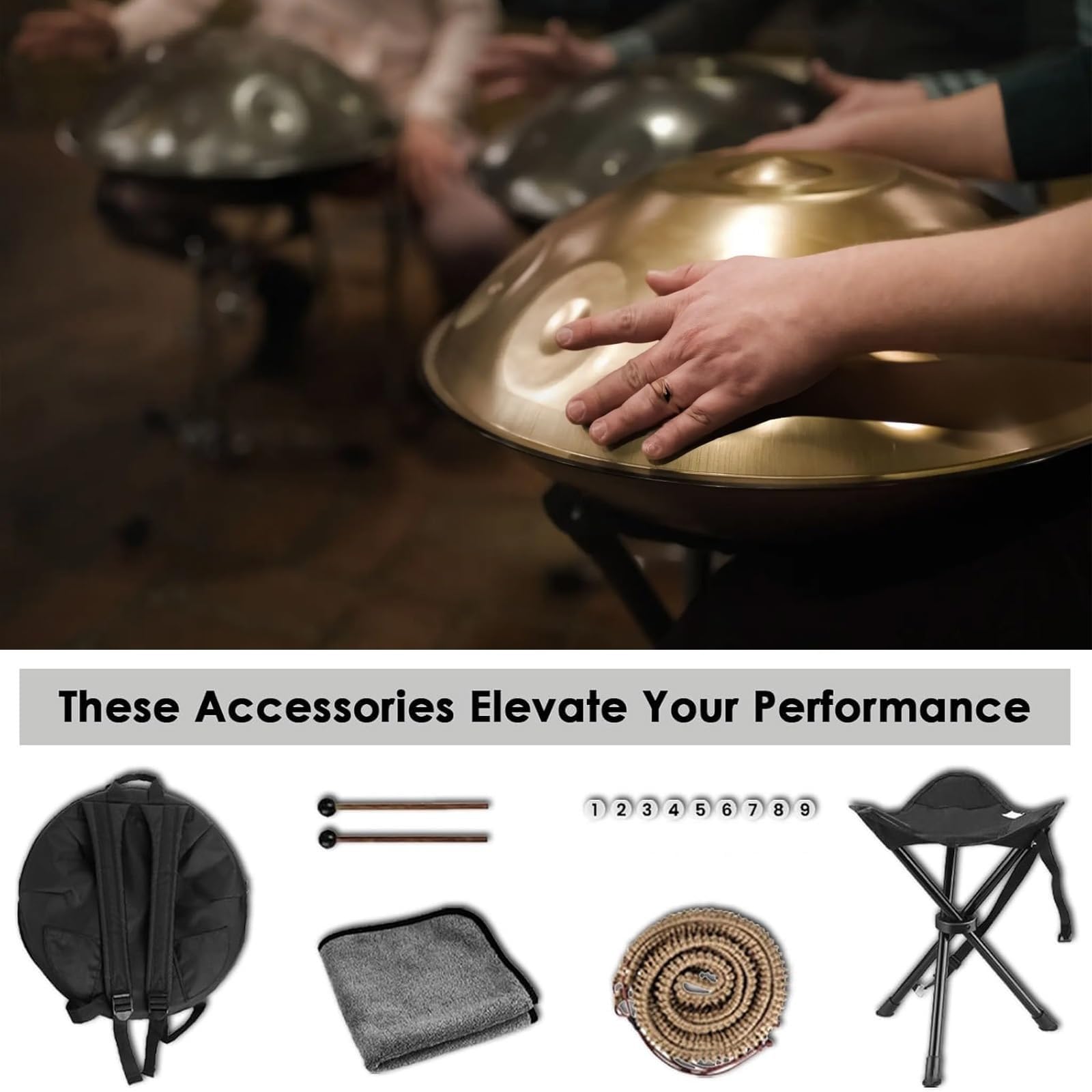 Handpan Drum 432Hz/440Hz, 9/10/12 Note Re Minore Tamburi Curdi Strumento Per Adulti, Tamburo A Percussione In Acciaio Da 22 Pollici Per La Meditazione Yoga(Silver,9 NOTES-440HZ)
