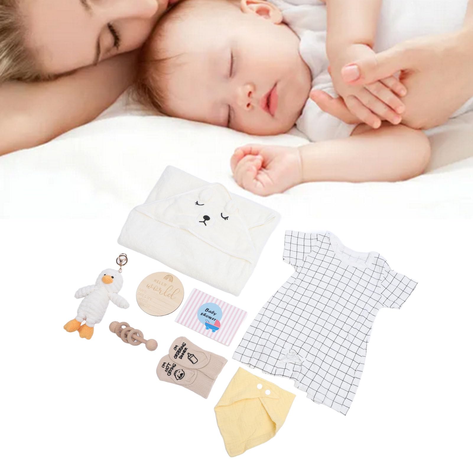 Fabater Cesto Regalo per Neonato per Ragazze - Bambola Carina, Sonaglio in Legno, Bavaglini Divertenti, Calzini, Biglietto di Auguri - Set Completo Regalo per Neonato per Baby Shower (WHITE)