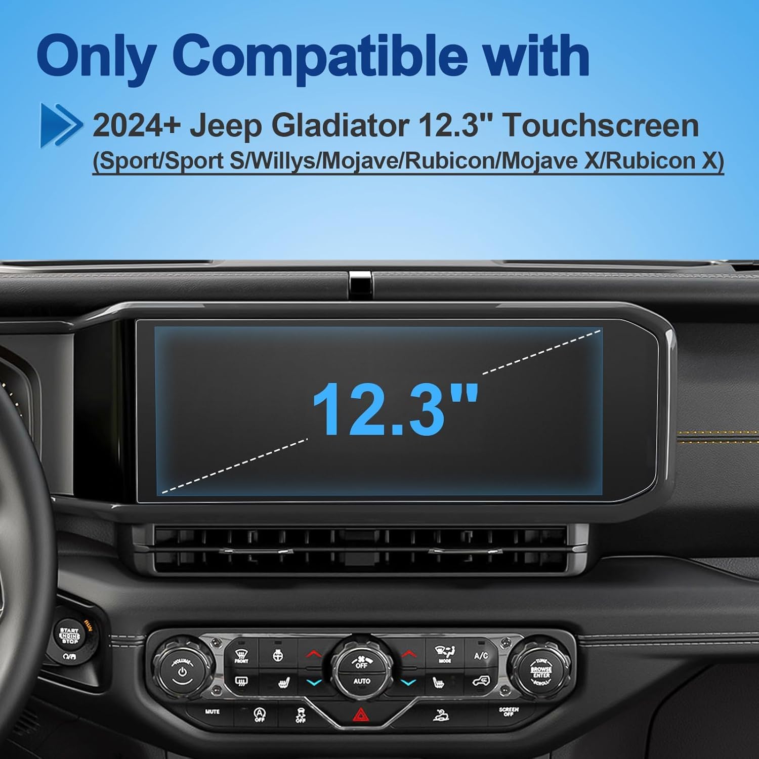 Anti-Glare Matte 2024 2025 Gladiator Screen Protector, for Jeep Gladiator (Sport/Sport S/Willys/Mojave/Rubicon/Nighthawk),9H Tempered Glass 2025 Gladiator 4X4 Accessories Anti-Fingerprint 12.3"