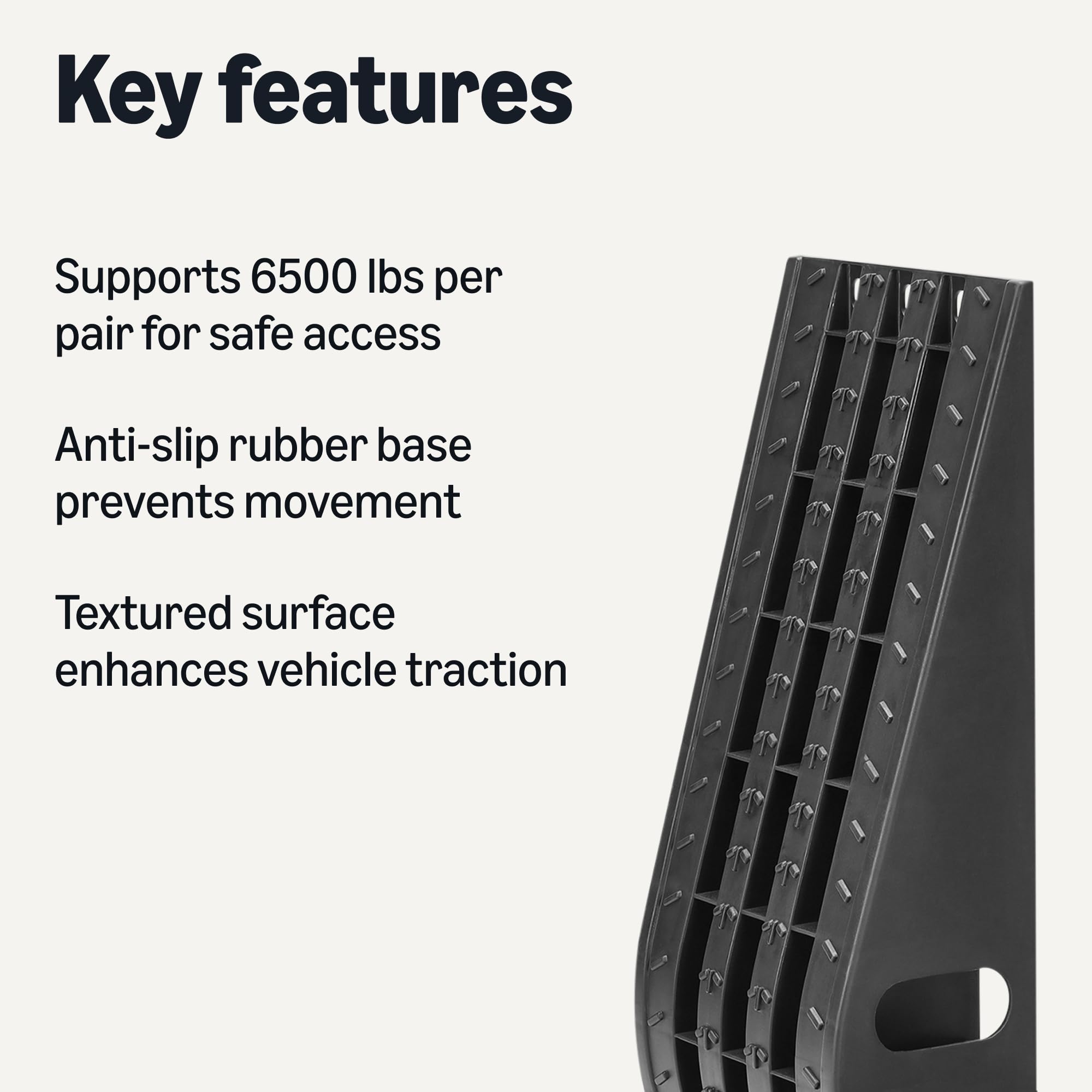 Amazon Basics Rampes de Chargement Auto Plastique Résistant, Capacité de Charge 2948kg par Paire (1474kg Chacune), Base Caoutchouc Antidérapant, Surface Texturée, Lot de 2, Noir