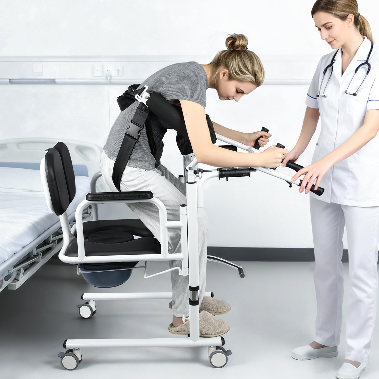 Silla Grua de Transferencia para Discapacitados Pacientes – Elevador Hidráulico con Asiento Dividido 180°, Silla Transferencia Ancianos para Ducha Y WC, 200kg, Altura Ajustable, Frenos