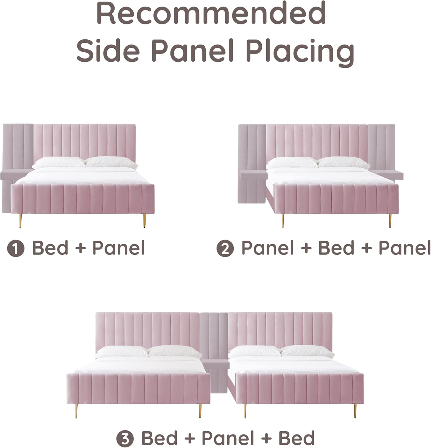Livinia King Size Elton Velvet Platform Bed Set, Upholstered Bed Frame with Vertical Channel Tufted Headboard Footboard with Side Panel Nightstand, No Box Spring Needed, Pink (King)