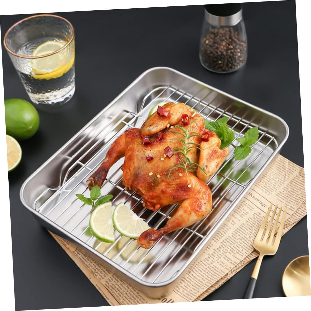 1set Stainless Steel Baking Pan Set Wire Rack Multi-function Camping Baking Tray Easy-clean for Kitchen Outdoor Cooking