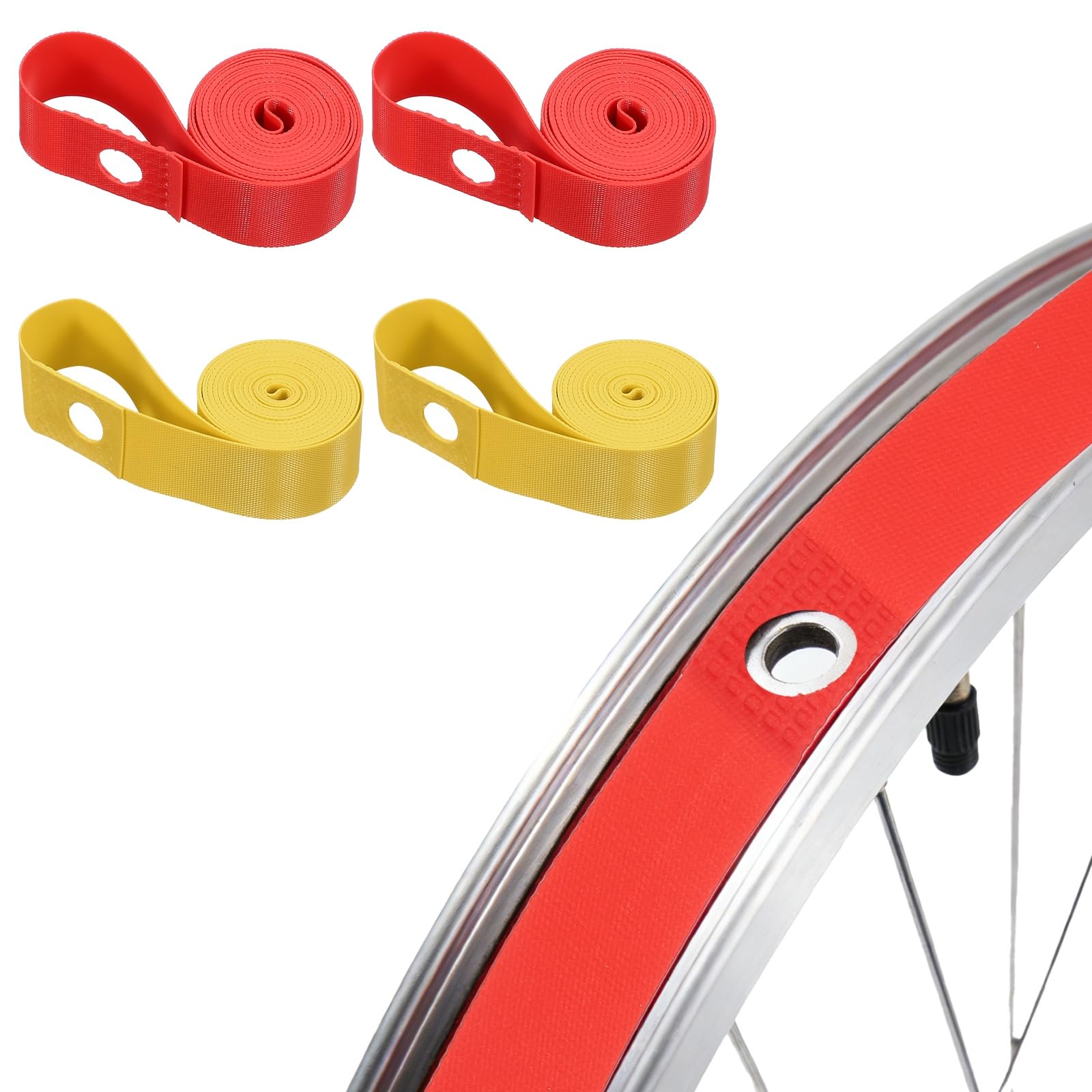 YELARXI Bike Rim Strips, Fits 29" Bicycle Rim Liner Strips Air Leak Resistant PVC Tape Inner Tube Cushion Puncture. 4Pcs & 32 Inchx18mm & Red/Yellow Fit for (Mountain/Road/City Bikes) โ image 1
